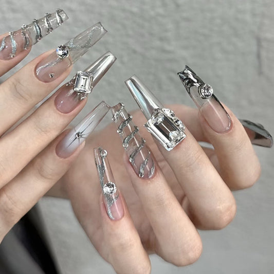 Niche personality high tech ice through pure handmade press-on nails