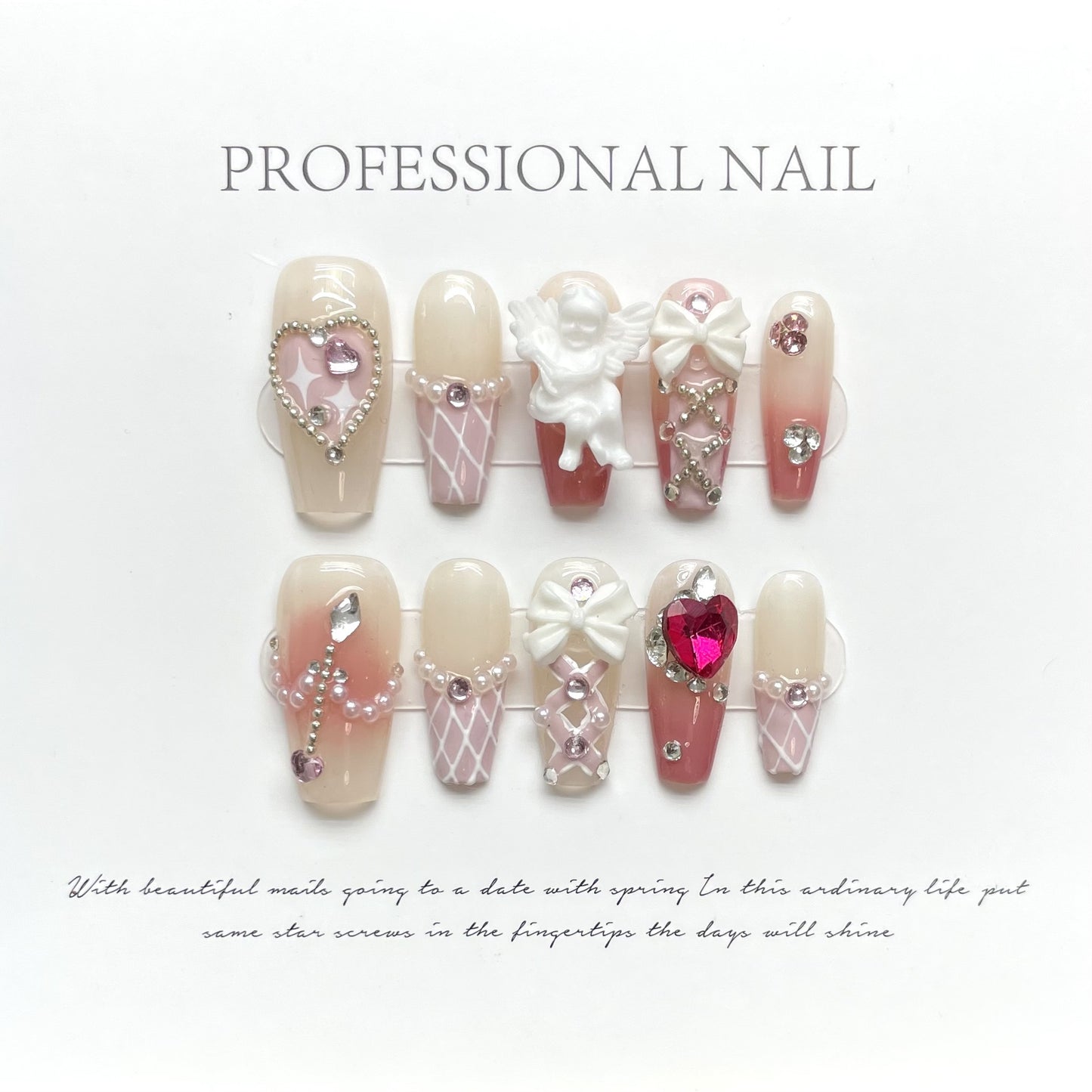 Ballet ribbon blush dyed plaid diamond ball pure handmade press-on nails