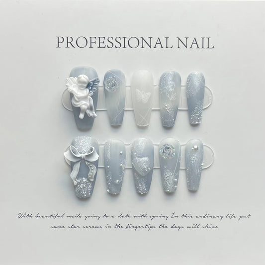 Cold haze blue plaster angel rose pure handmade press-on nails