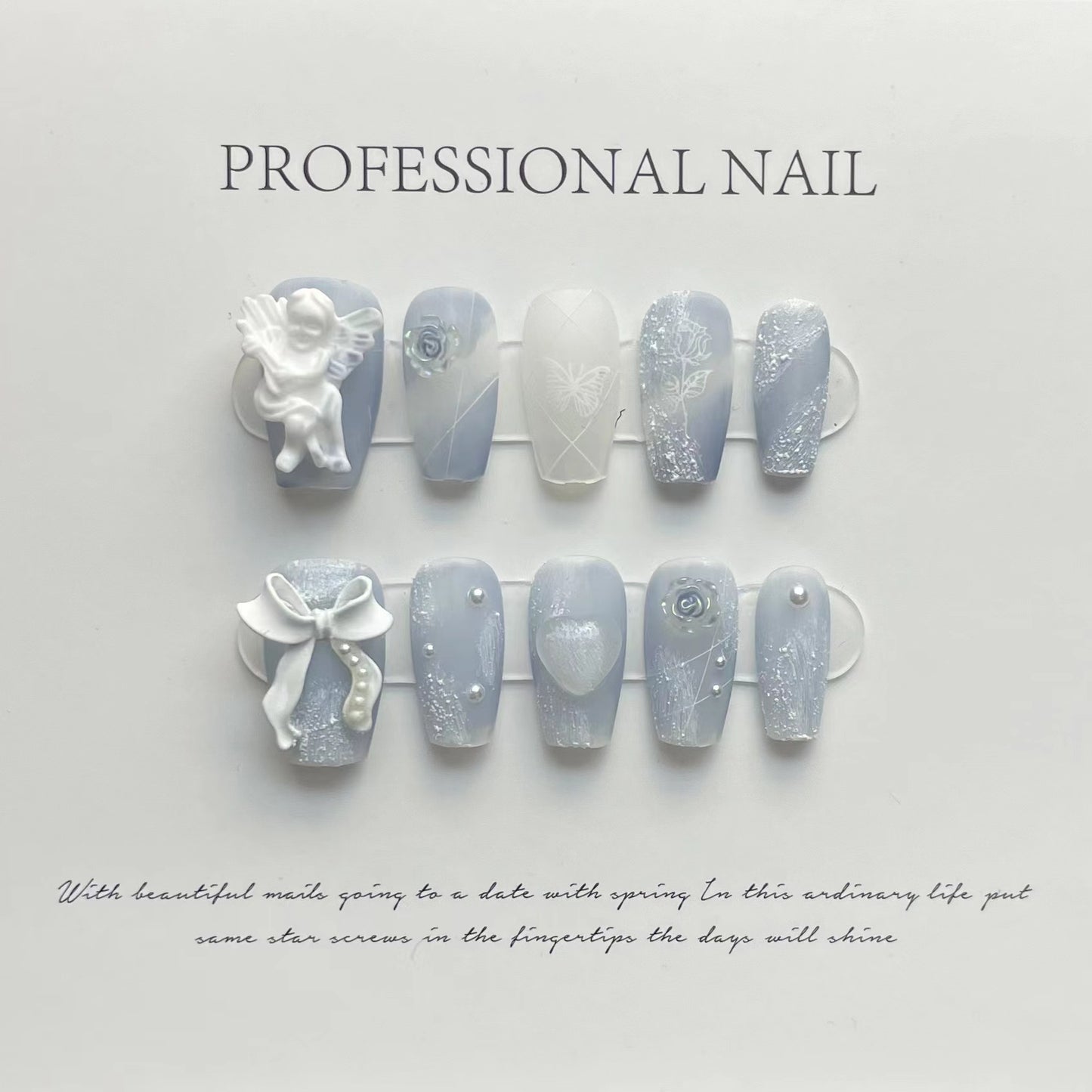 Cold haze blue plaster angel rose pure handmade press-on nails